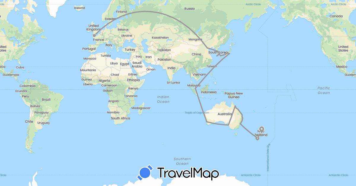 TravelMap itinerary: plane in Australia, China, Guernsey, Japan, South Korea, New Zealand, Singapore (Asia, Europe, Oceania)